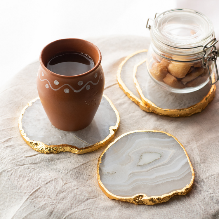 Natural Agate Coasters - Brazilian White Gemstone Crystal with Golden Rim - Set of 4