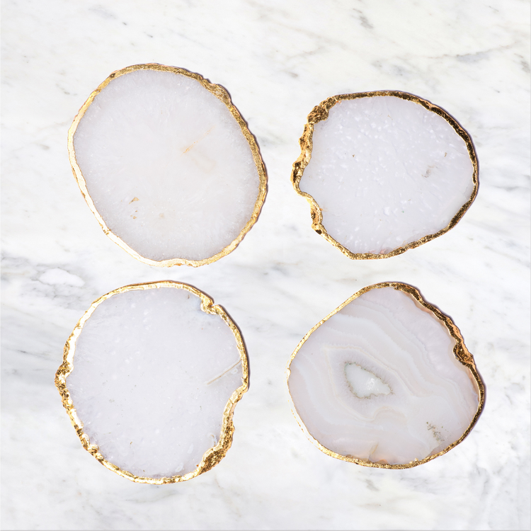 Natural Agate Coasters - Brazilian White Gemstone Crystal with Golden Rim - Set of 4