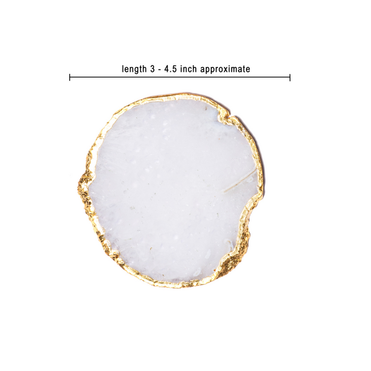 Natural Agate Coasters - Brazilian White Gemstone Crystal with Golden Rim - Set of 4