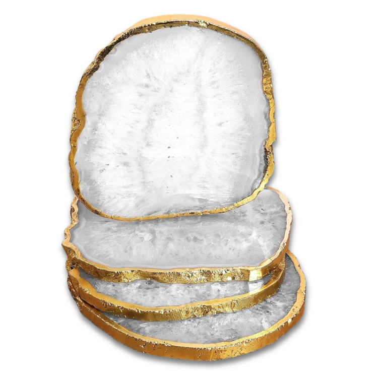 Natural Agate Coasters - Brazilian White Gemstone Crystal with Golden Rim - Set of 4