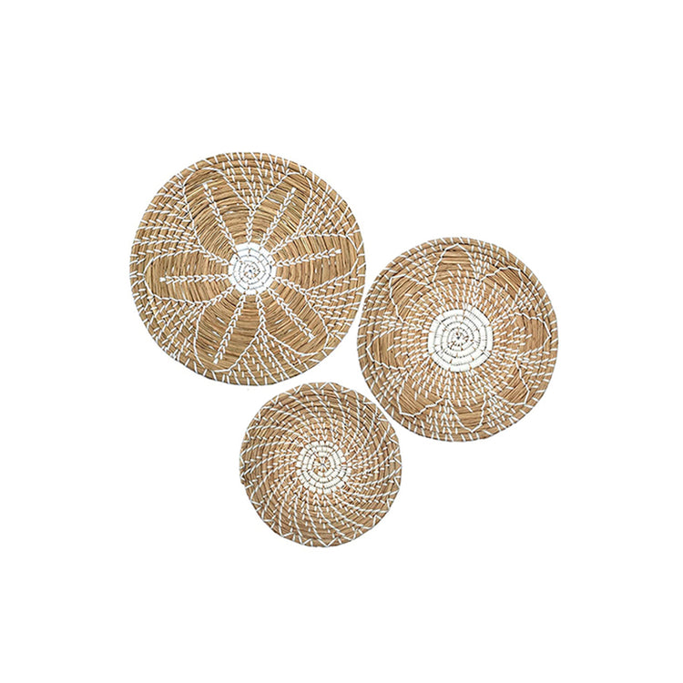 White Flower Design Woven Round Wall Baskets Decor -Set of 3