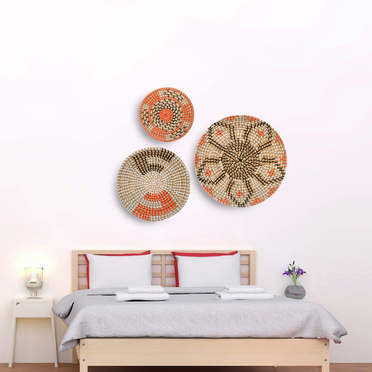 Orange Flower Design Woven Round Wall Baskets Decor -Set of 3