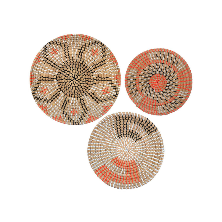 Orange Flower Design Woven Round Wall Baskets Decor -Set of 3