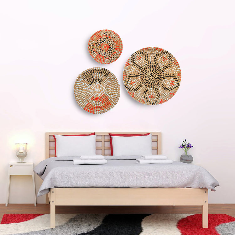 Orange Flower Design Woven Round Wall Baskets Decor -Set of 3