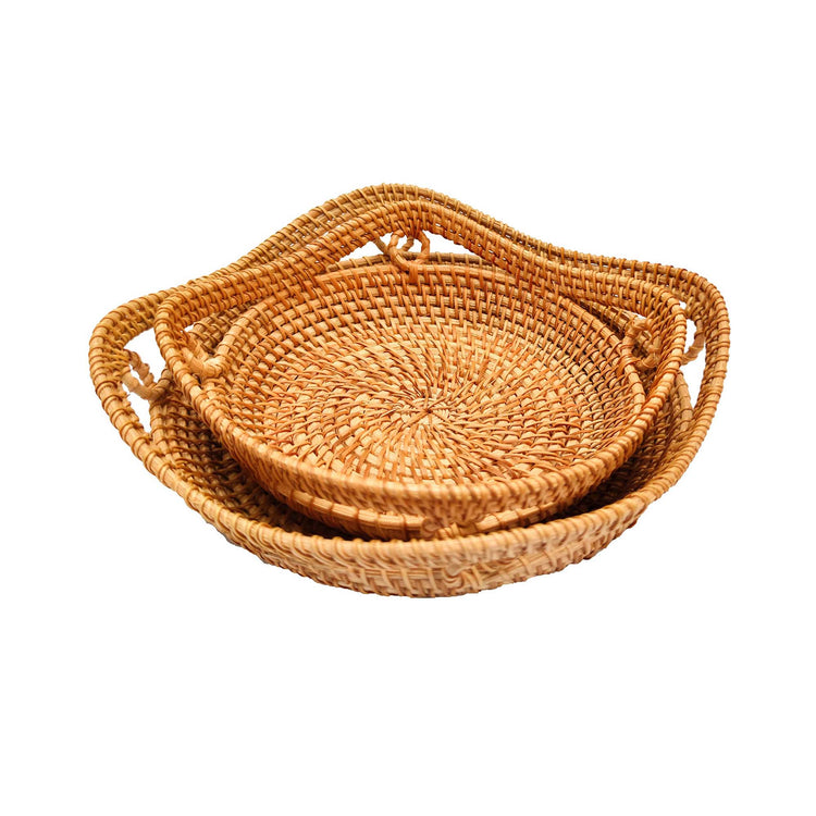 Square Wicker Serving Tray with Handles for Coffee Table - Set of 2