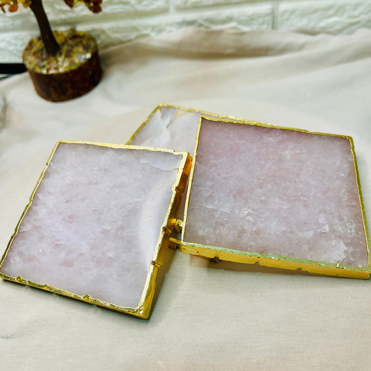 Rose Quartz Agate Coasters- Brazilian Gemstone Crystal with Golden Rim - Set of 4