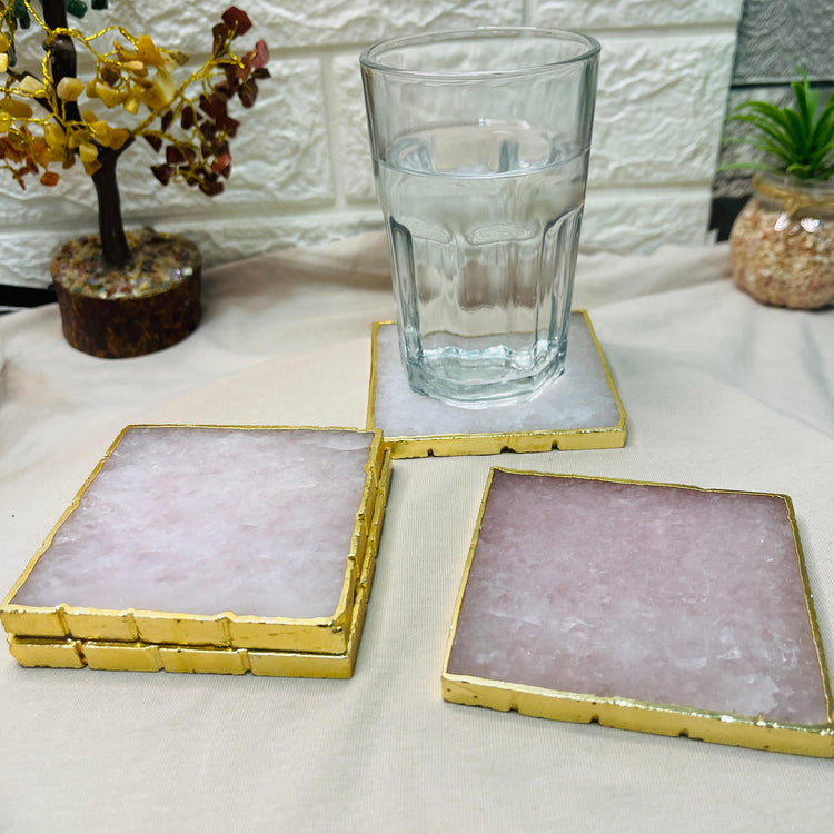 Rose Quartz Agate Coasters- Brazilian Gemstone Crystal with Golden Rim - Set of 4