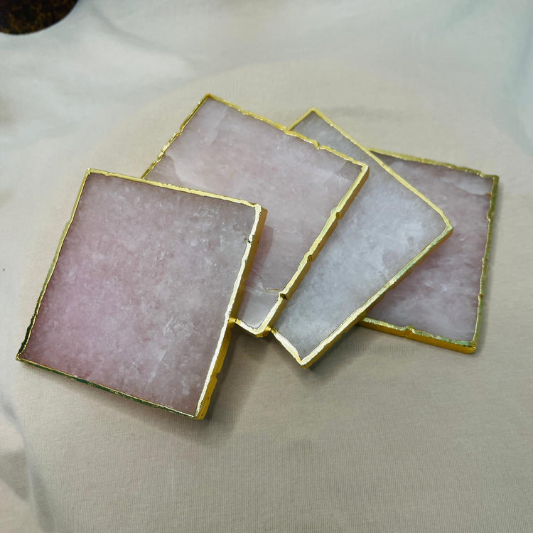 Rose Quartz Agate Coasters- Brazilian Gemstone Crystal with Golden Rim - Set of 4