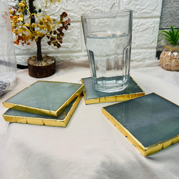 Green Aventurine Coasters - Brazilian Gemstone Crystal with Golden Rim - Set of 4