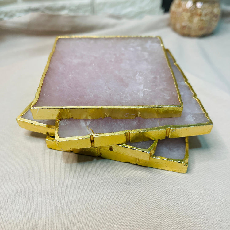 Rose Quartz Agate Coasters- Brazilian Gemstone Crystal with Golden Rim - Set of 4