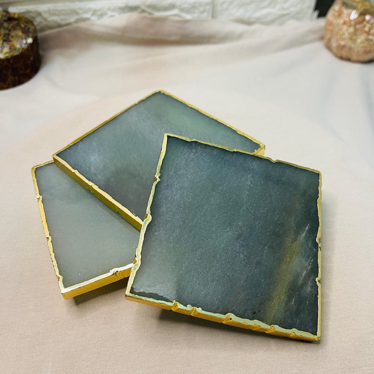 Green Aventurine Coasters - Brazilian Gemstone Crystal with Golden Rim - Set of 4