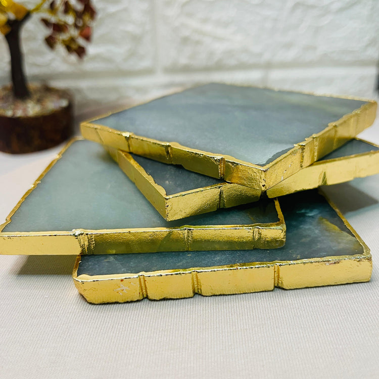 Green Aventurine Coasters - Brazilian Gemstone Crystal with Golden Rim - Set of 4