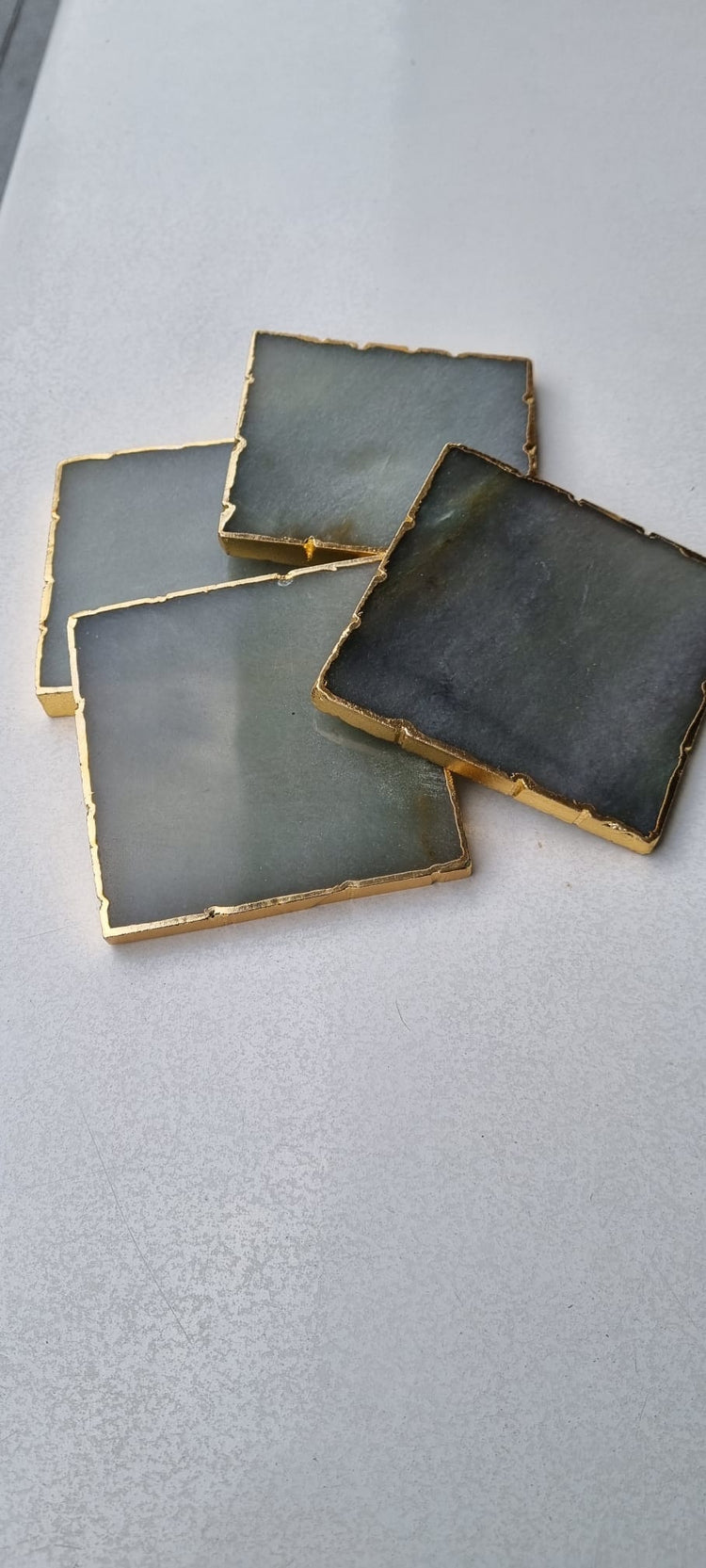 Green Aventurine Coasters - Brazilian Gemstone Crystal with Golden Rim - Set of 4