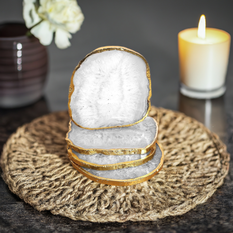 Natural Agate Coasters - Brazilian White Gemstone Crystal with Golden Rim - Set of 4