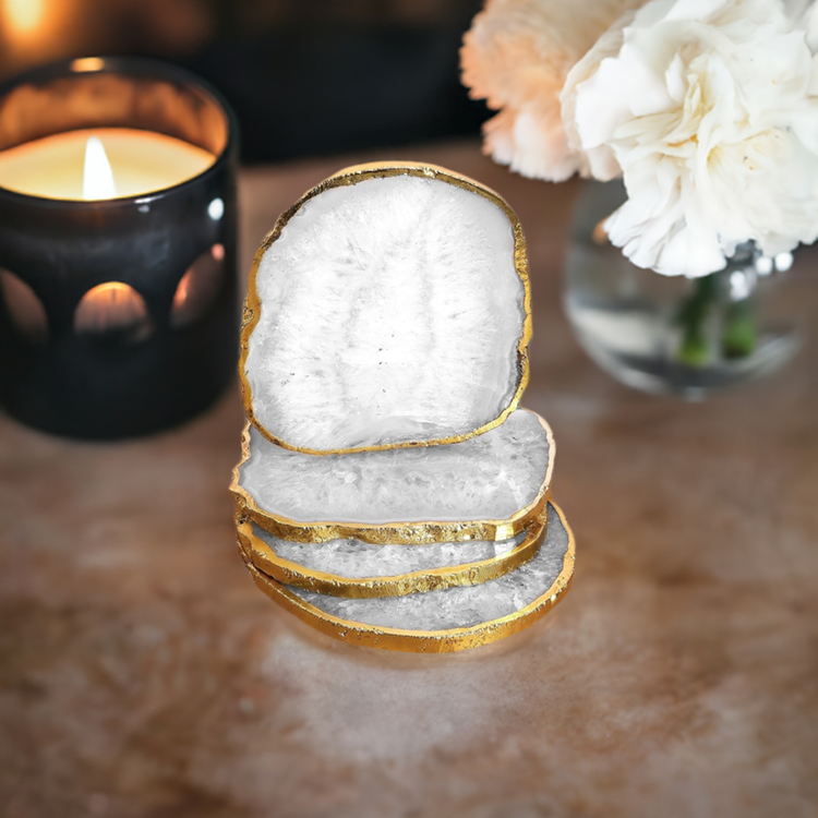 Natural Agate Coasters - Brazilian White Gemstone Crystal with Golden Rim - Set of 4