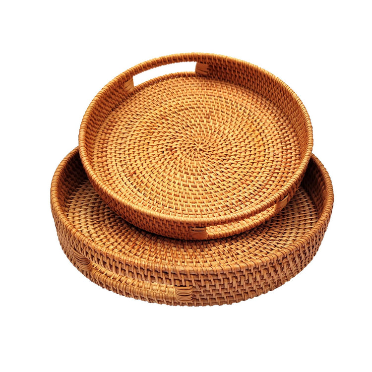 Round Wicker Serving Tray with inbuilt Handles for Coffee Table - Set of 2