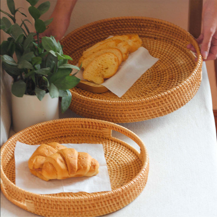 Round Wicker Serving Tray with inbuilt Handles for Coffee Table - Set of 2