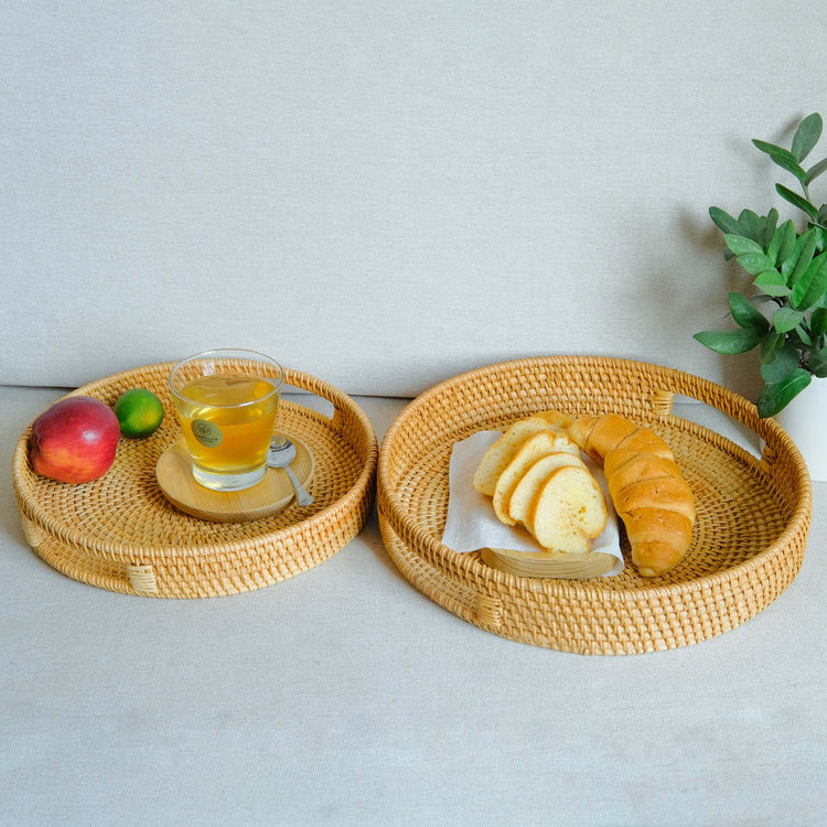 Round Wicker Serving Tray with inbuilt Handles for Coffee Table - Set of 2