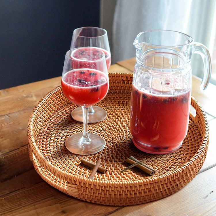 Round Wicker Serving Tray with inbuilt Handles for Coffee Table - Set of 2