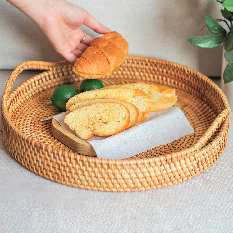 RUSHNKUR Round Wicker Serving Tray with Handles for Coffee Table - Set of 2