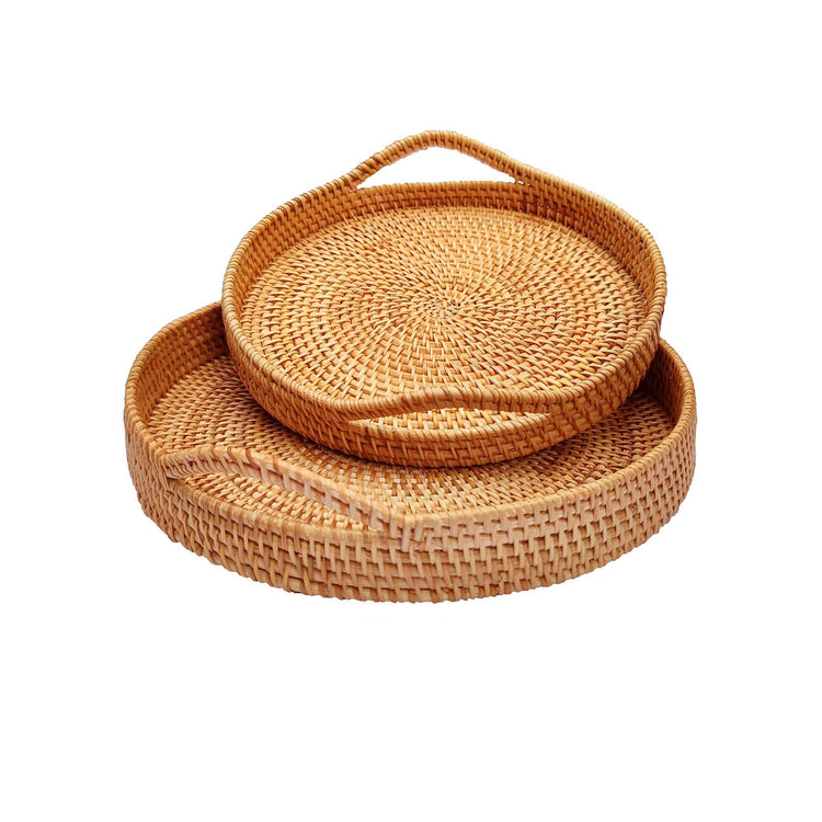 RUSHNKUR Round Wicker Serving Tray with Handles for Coffee Table - Set of 2