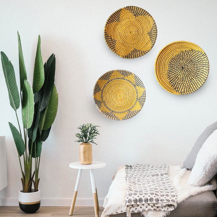 Yellow and Blue Sun and Star Design Woven Round Wall Baskets Decor -Set of 3