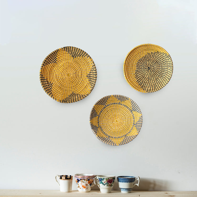 Yellow and Blue Sun and Star Design Woven Round Wall Baskets Decor -Set of 3