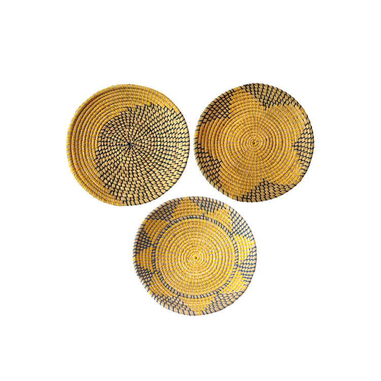 Yellow and Blue Sun and Star Design Woven Round Wall Baskets Decor -Set of 3