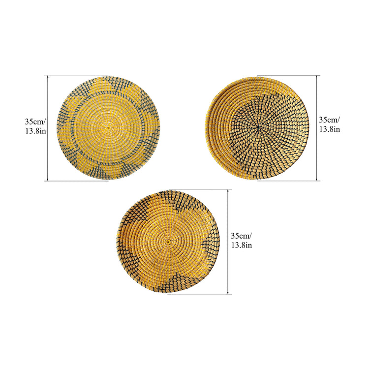 Yellow and Blue Sun and Star Design Woven Round Wall Baskets Decor -Set of 3